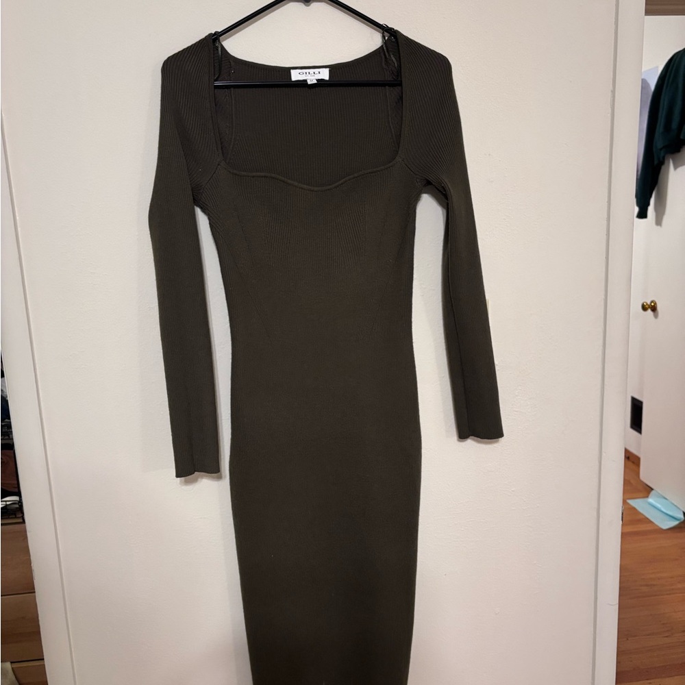 Chic Olive Green Long Sleeve Dress